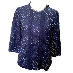 BODEN Women's Size 6 White Navy Polka Dot The Classic Shirt Top Lace Detail